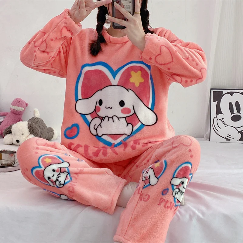 Cartoon Disney Mickey Mouse Women\'s Pajamas Winter Knitted Plush Long Sleeve Pants Two-piece Set Loungewear Hello Kitty Pajamas