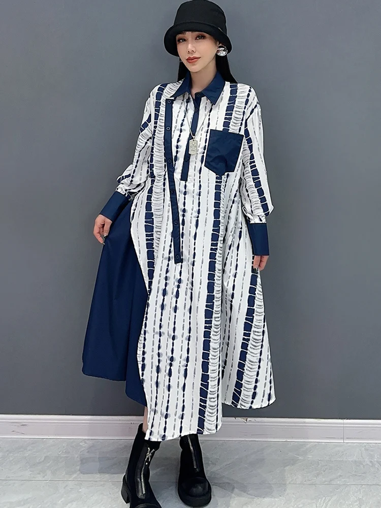 SHENGPALAE 2024 Summer New Fashion Loose Long Sleeved Shirt Dress For Women Color Block Korean Chic Female Dresses Robe  5C1071