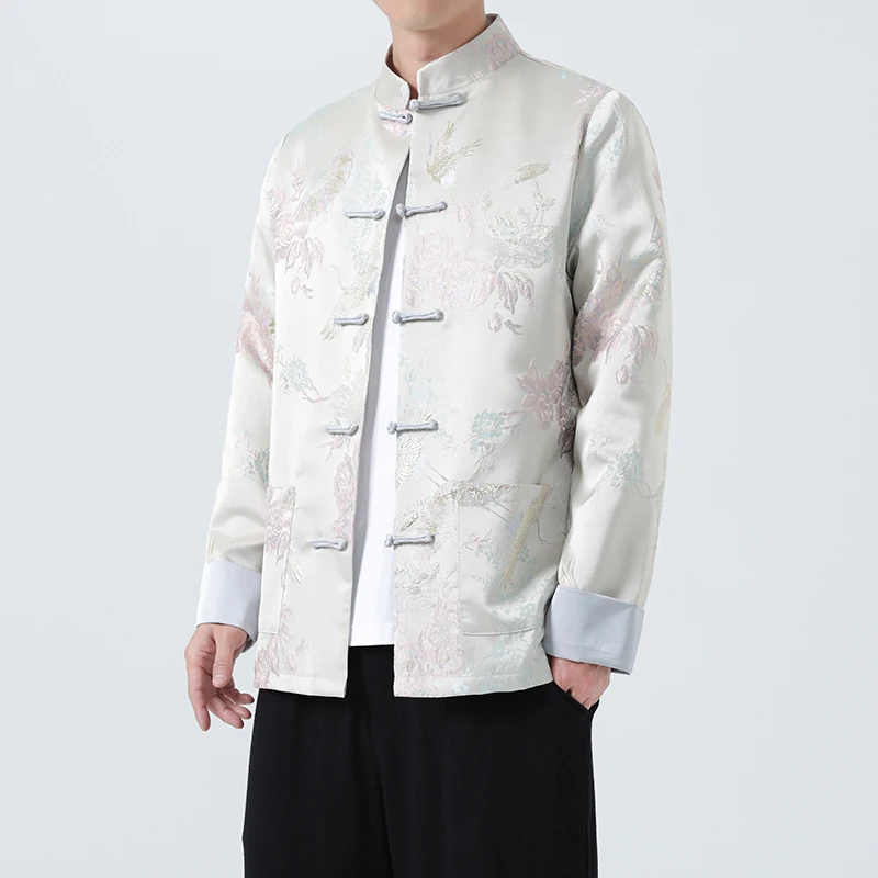 

Осенне-зимняя свободная мужская куртка с цветочной вышивкой, на пуговицах, в стиле Шанчжун, молодежная модная верхняя одежда с длинными рукавами и воротником-стойкой