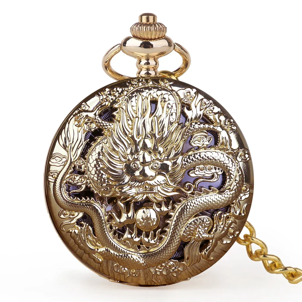 Unique Beautiful Chinese Dragon Design Pocket Watch Mechanical For Men Vintage 2 Sides Open Case Skeleton Hand Wind Fob Watch