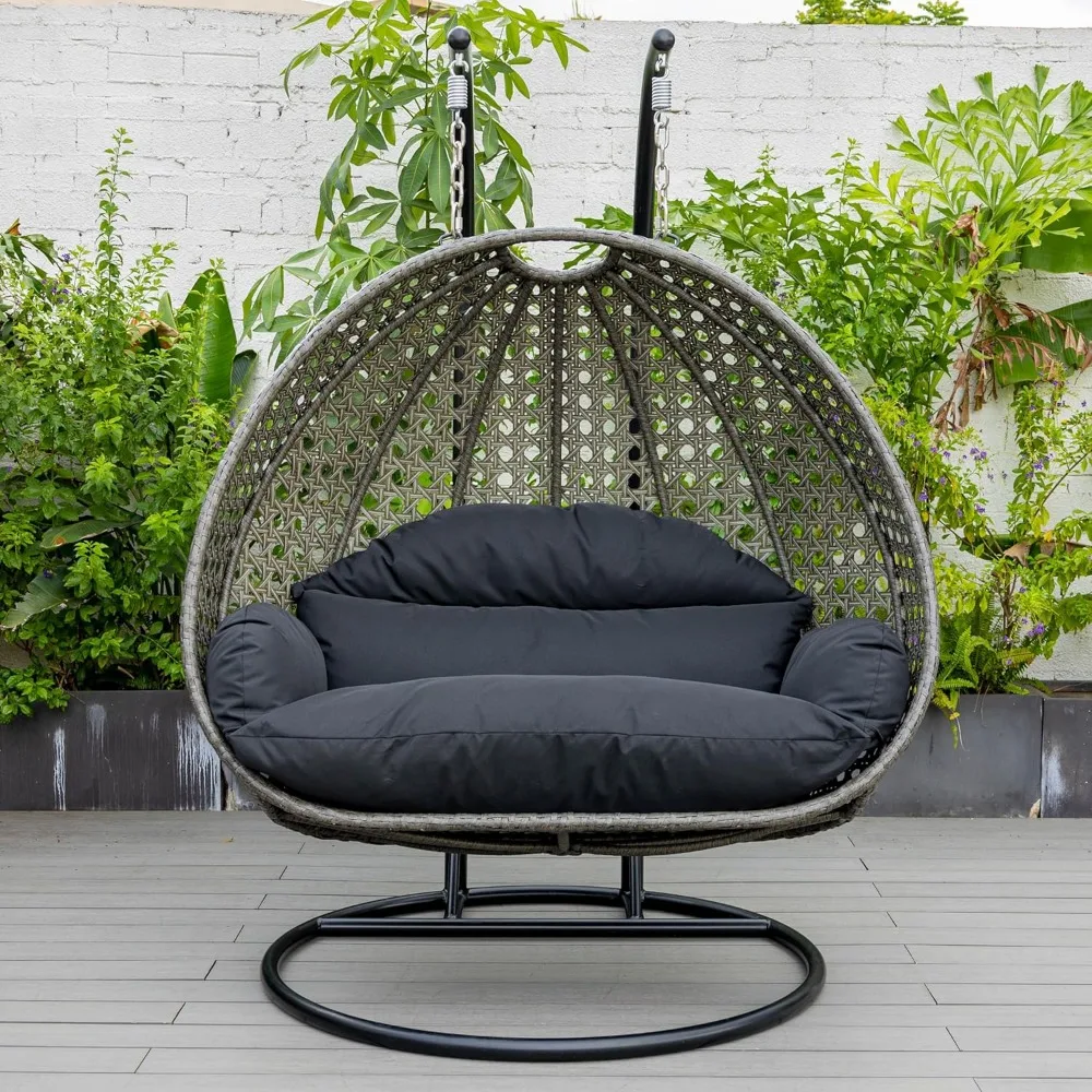 2 Person Wicker Egg Chair with Stand and UV Resistant Cushions for Outdoor Indoor Bedroom Patio, Hanging Lounge Swing Chairs