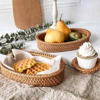New Handwoven Round Rattan Wicker Basket Fruit Tea Snack Bread Picnic Tray Snacks Storage Box Kitchen Supplies Basket Fruit Tray
