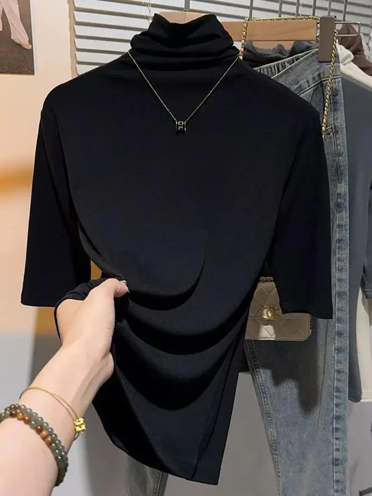 

plus Size Women's Thickened German Velvet High Collar Short Sleeve T-Shirt Autumn Winter Base Shirt Rectangular Body Body