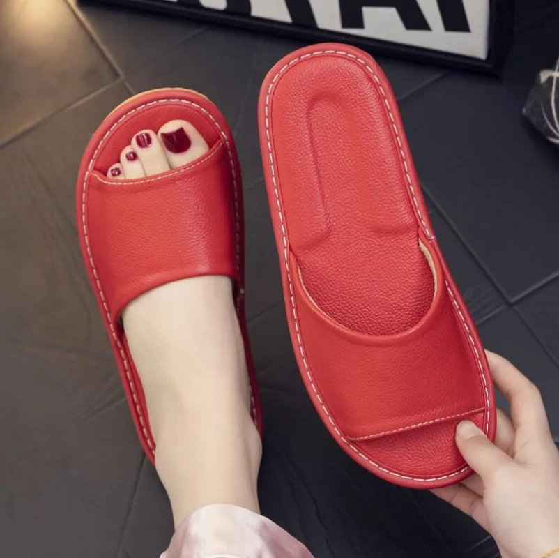 Big sizes Genuine Cow Leather Slippers Homes in indoor slipper summer open toe sandals men women elderly casual Slides shoes