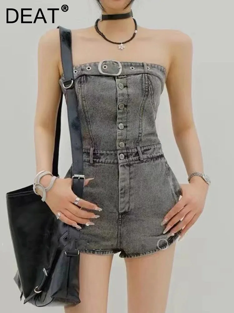 

DEAT Fashion Women's Denim Jumpsuit Shorts Chest Wrapping Metal Belt Decorate Single Breasted Bodysuit Summer 2024 New 11XX9303