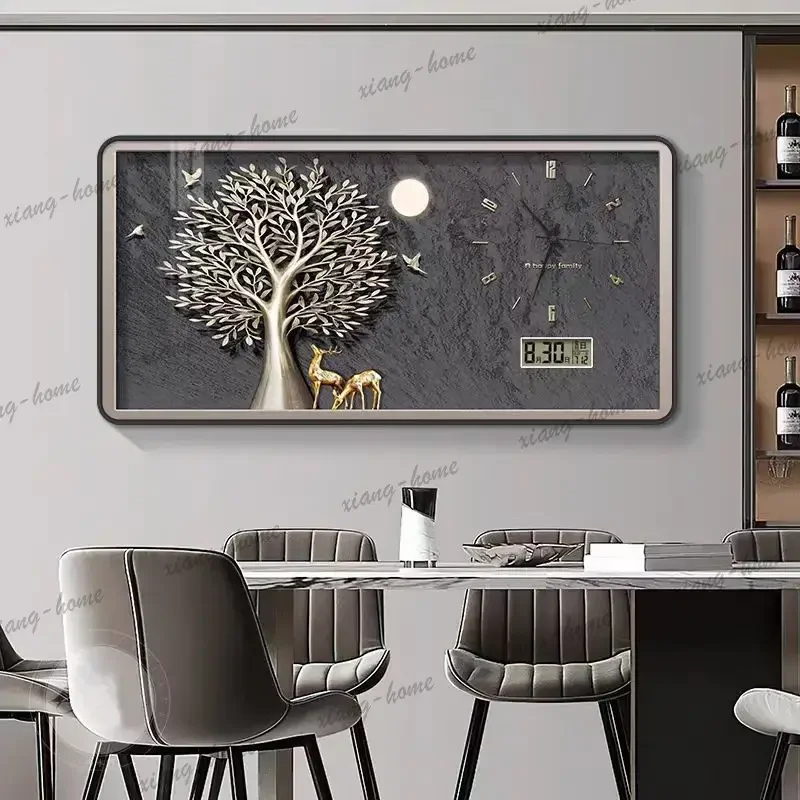 Best Sellers New Dining Room Decorative Painting With Clock Living Room Perpetual Calendar Wall Clock Silent Electronic Clock