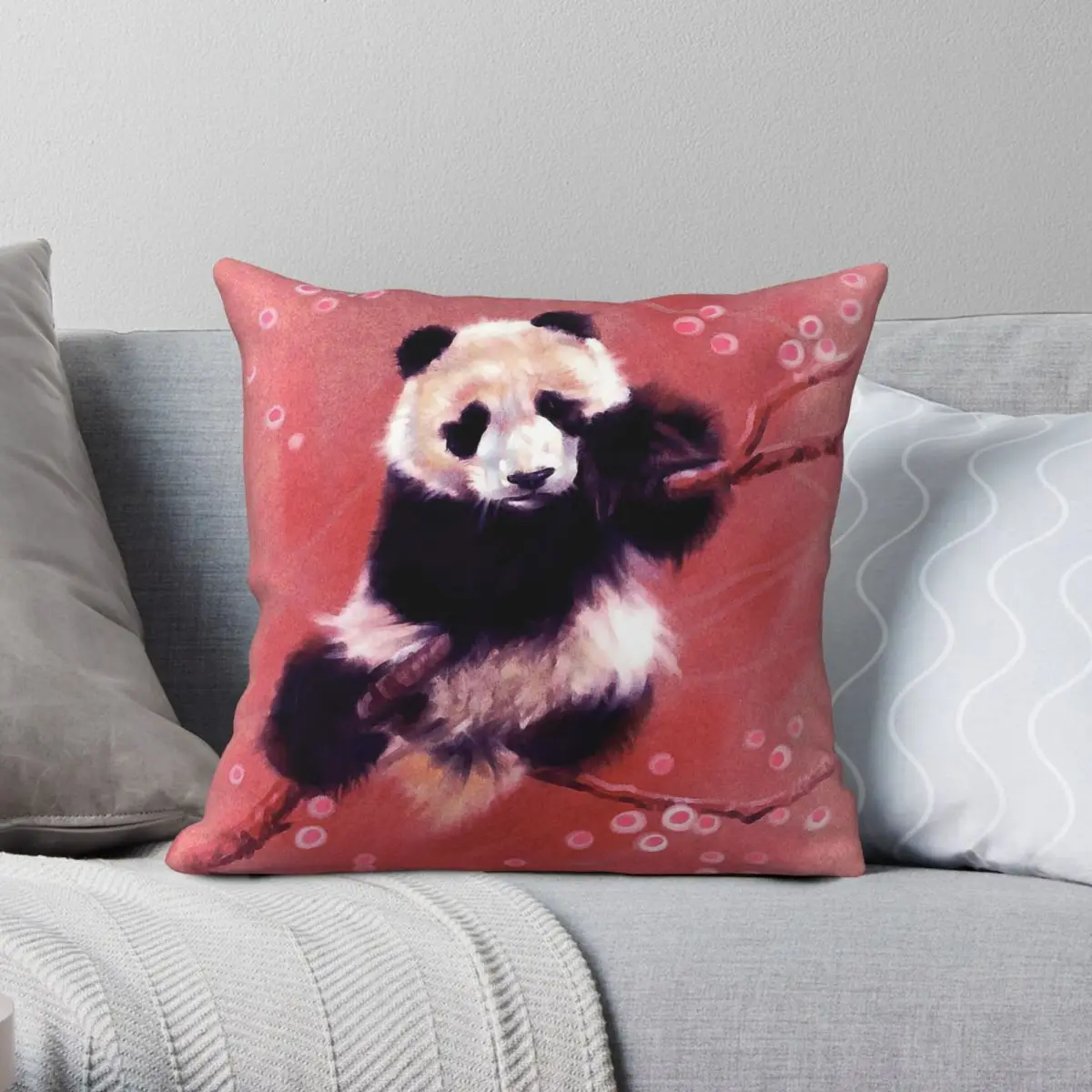Panda Pink Tree Square Pillowcase Polyester Linen Velvet Pattern Zip Decor Sofa Cushion Cover 18