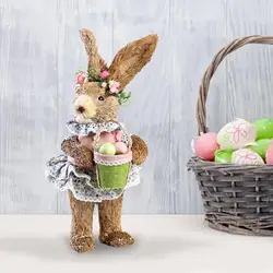 Decor Straw Easter Rabbit Bunny Figurine Art Crafts Photo Props Standing Animal for Tabletop Indoor Party Ornament
