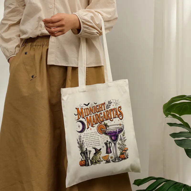 Midnight Margaritas Canvas Tote Bag Witch Frog Pumpkin Moon Print Shoulder Shopping Bag Halloween Gothic Casual Daily Handbag