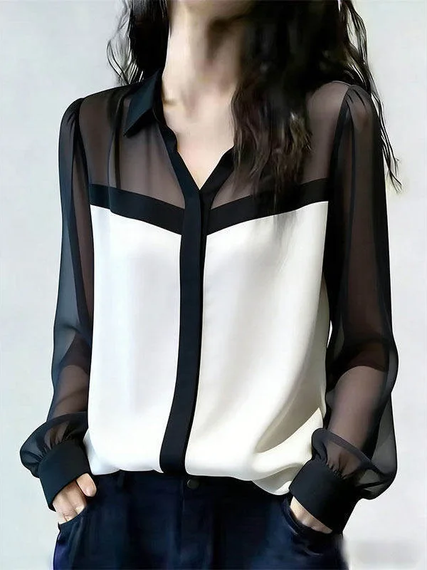 

Black White Spliced Color Chiffon Shirt Women's Long Sleeve Commute Style Slimming Versatile Top Breathable Collar