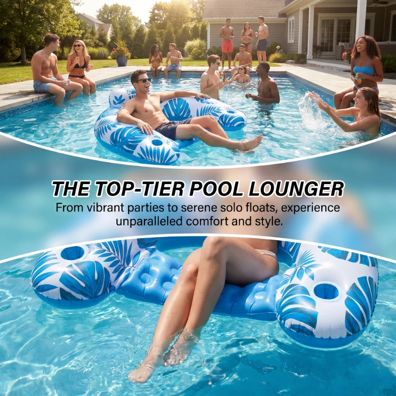 

Household Tropical Leaves Pool Float Lounger Inflatable With Headrest Cup Holders For Summer Swimming Beach Home