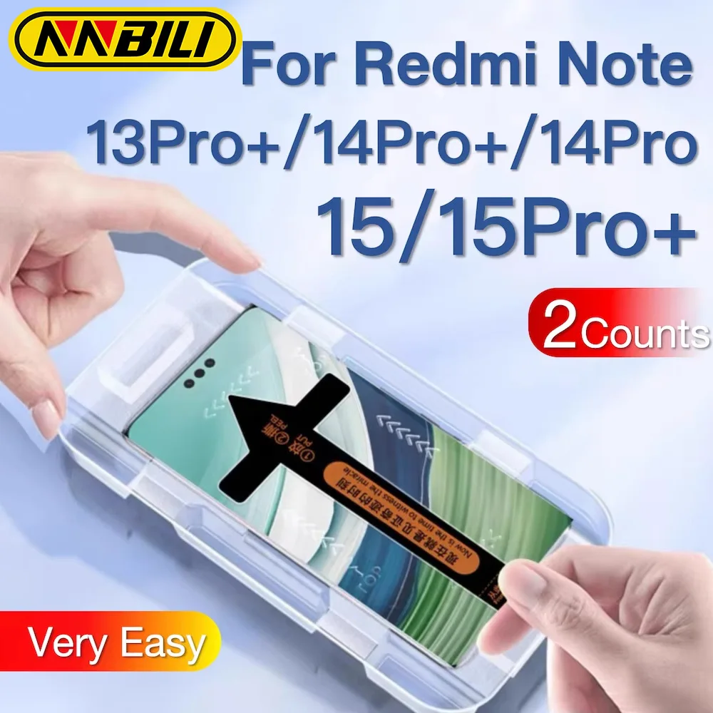 NNBILI 2Pcs For Xiaomi Redmi Note 13 14 15 Pro Plus + Red Mi Toughened Glass Screen Protector Protective With Install Kit