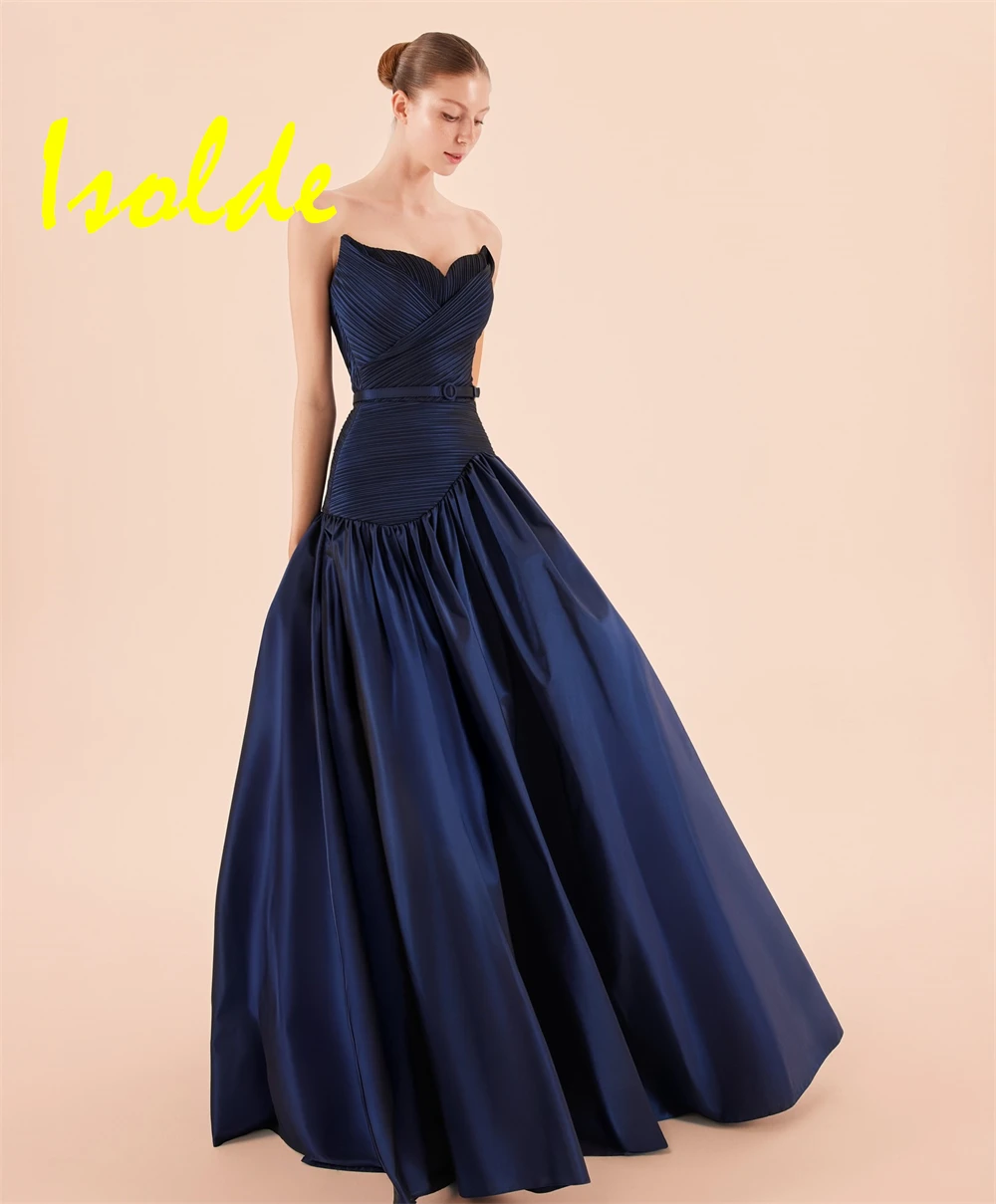 

Customized Exquisite Blue Satin Evening Dresses Classic Strapless Sleeveless Homecoming Dresses Charming Belt Prom Dress