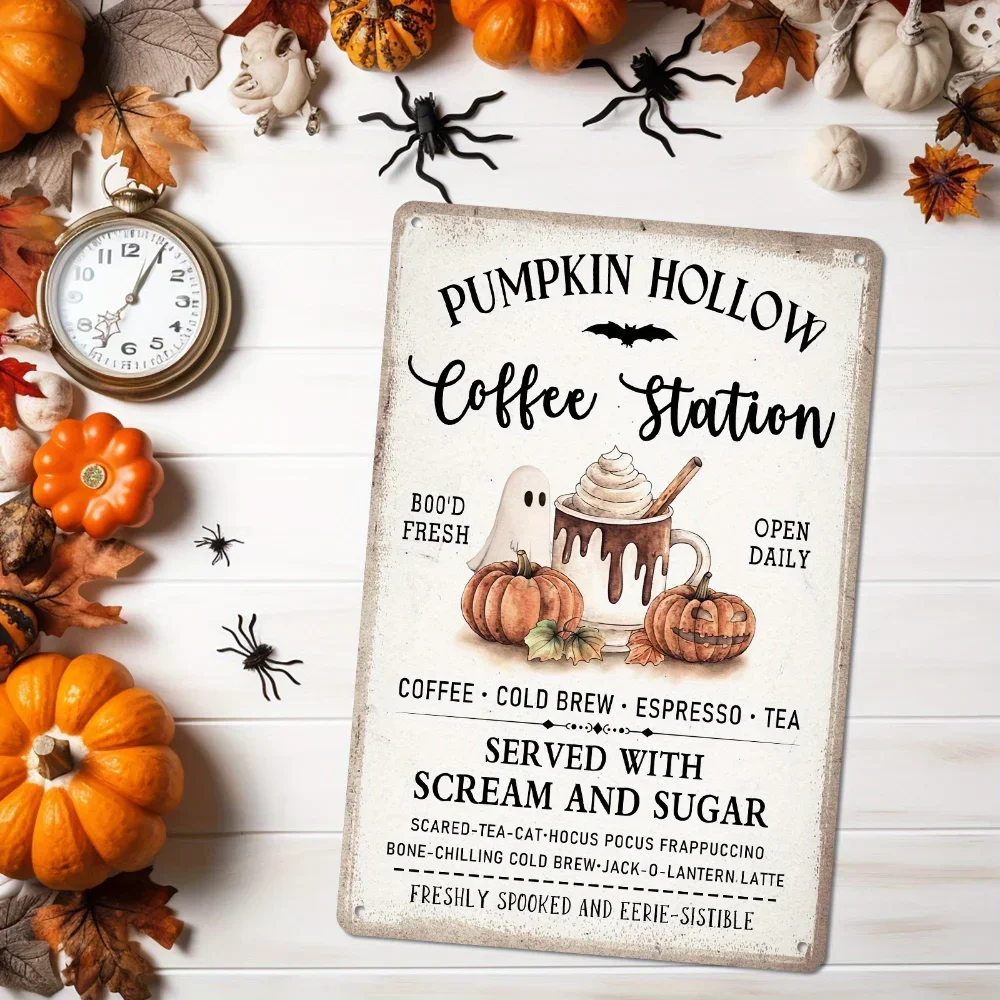 Charming Pumpkin Hole Sign: Durable Metal for Your Coffee Station – Vintage Halloween Decor That Lasts All Season Long