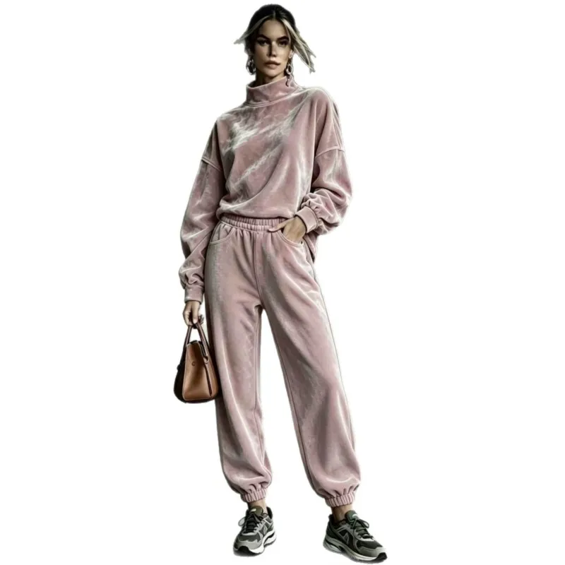 Autumn Winter Fashion Leather Suede Semi-high-neck Pockets Pants 2 Piece Set Casual  Retro Cuffed Bottoms Women Sports Outfit