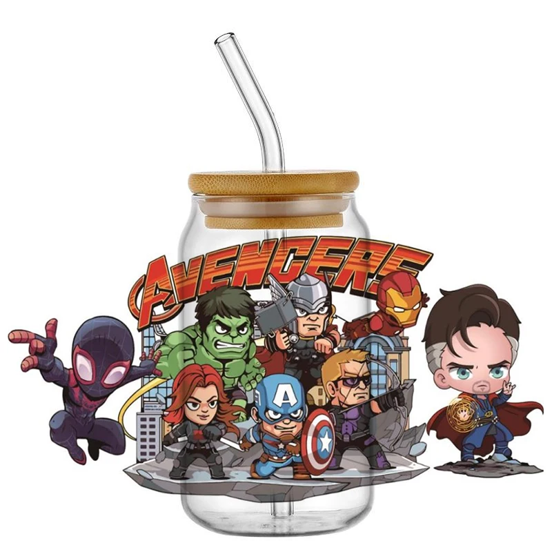 Miniso Cartoon Marvel UV DTF Cup Wraps 3D Waterproof UV Stickers for 16oz Libby Glass Transfer Decals