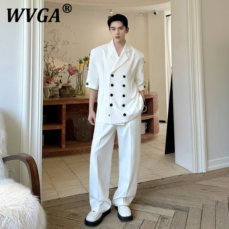 

WVGA Summer New Men Elegant Fashion Personalized Double Breasted Three Quarter Sleeve Suit Chic Casual Straight Pants Sets W7257