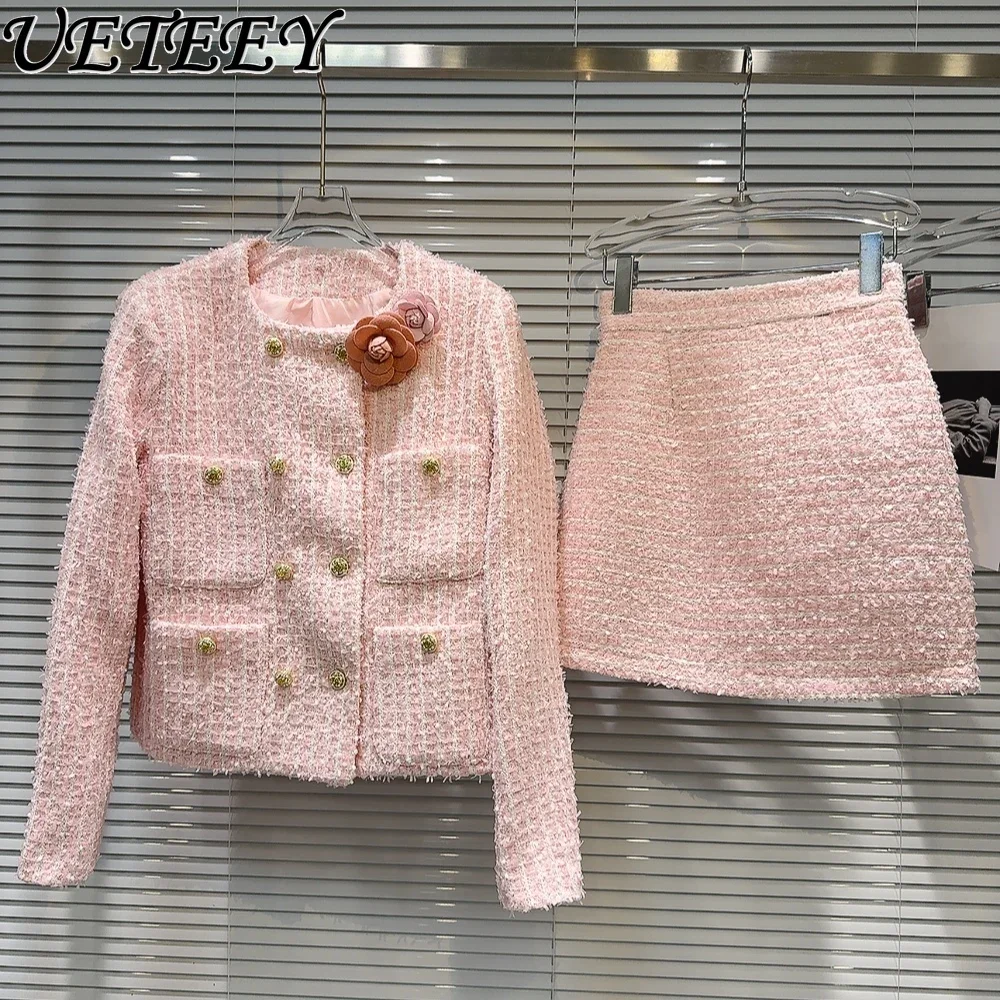 

2024 Autumn Winter New Sweet Flower Tweed Short Coat Jacket Top for Women Temperament High Waist Woolen Skirt Suit 2 Piece Set