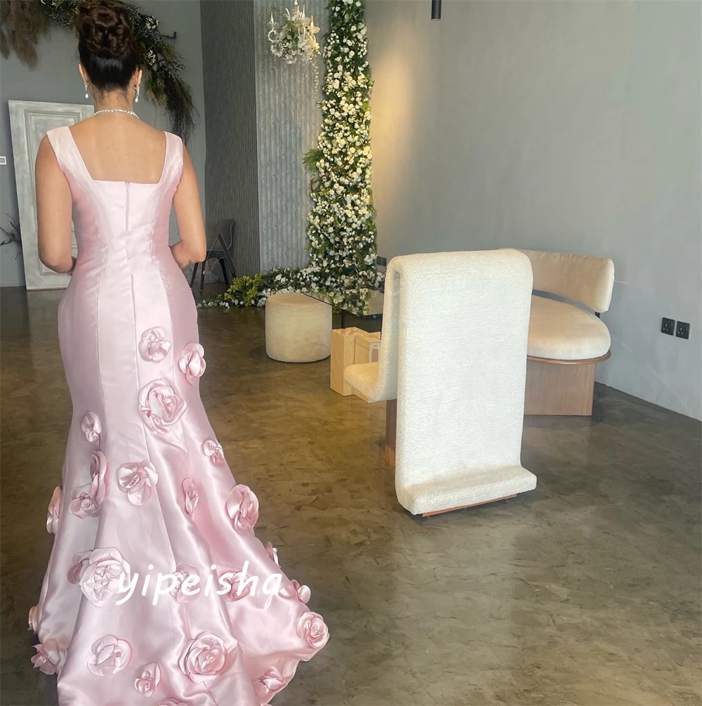 Customized  Satin Flower Draped Pleat Graduation A-line Square Collar Bespoke Occasion Gown Long Dresses