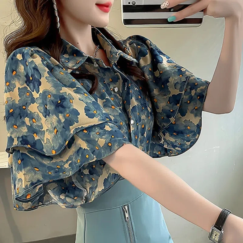 Sweet Print Retro Summer Women\'s 2024 New Patchwork Polo Collar Button Ruffles Fashion Loose Casual Short Sleeved Blouses Shirts