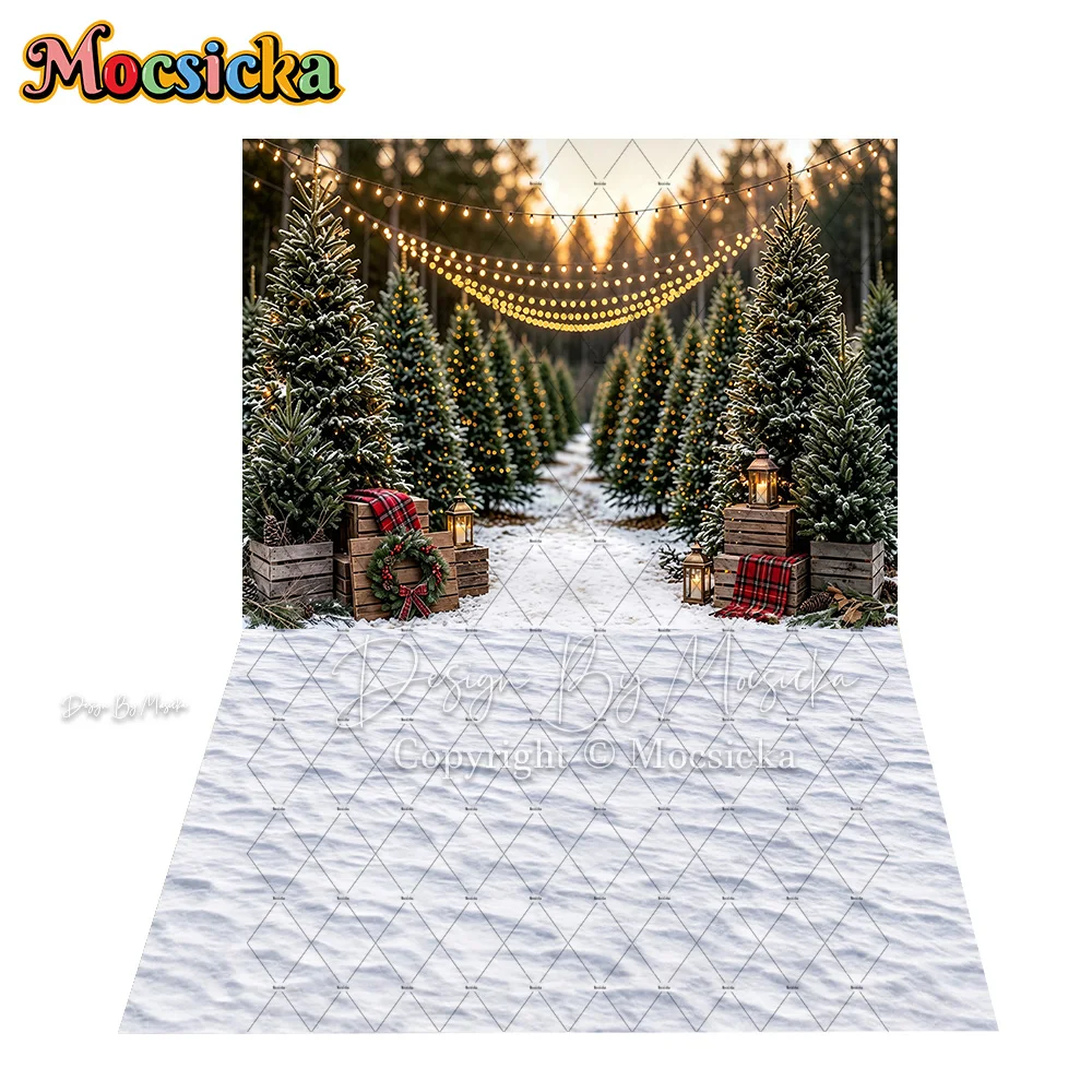 Mocsicka Christmas Tree Farm Corner  Backdrop Photography Snowy Pine Forest Red Cabin Gift Background Kids Family Winter Photo