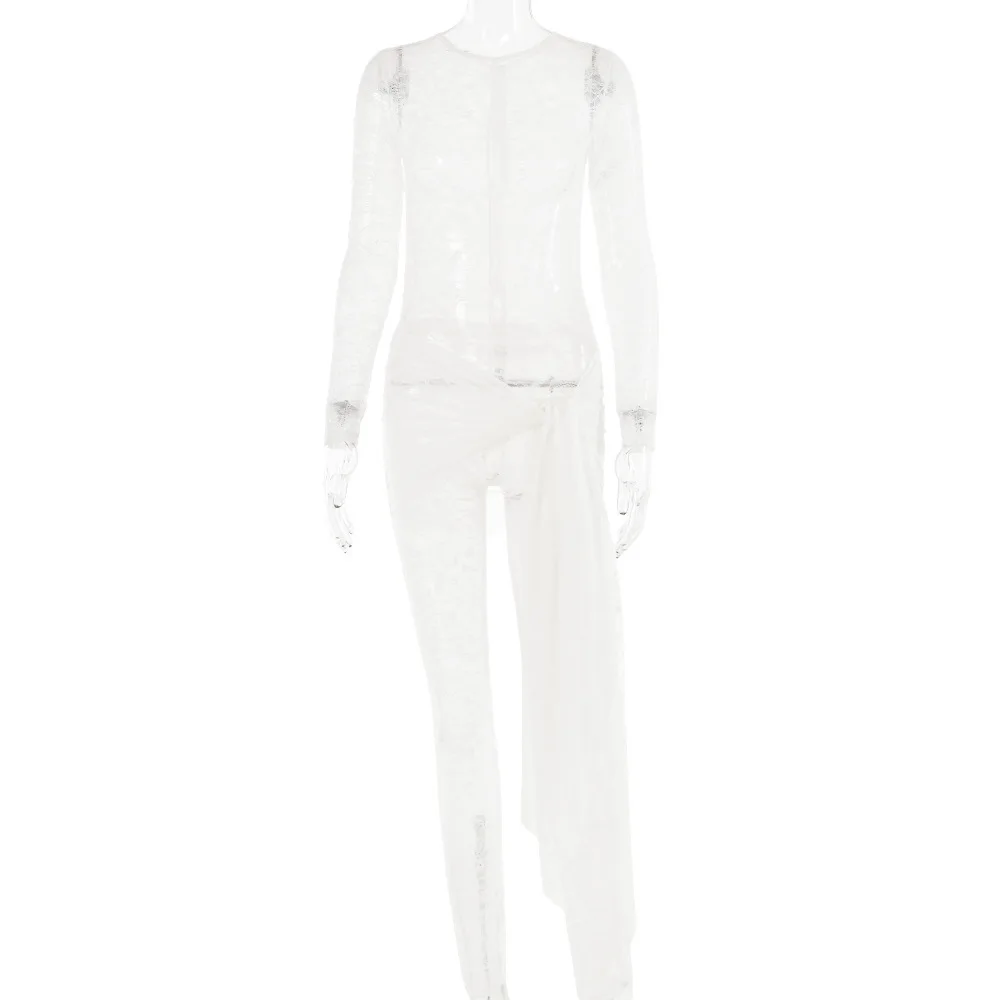 2025年夏新作セクシーファッション透かしレースシースルー長袖パッチワークスリムフィットジャンプスーツ（レディース）