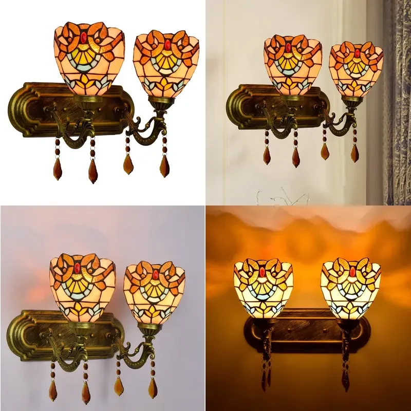 Handmade Stained Glass Wall Lamp Baroque Design Vintage 2 Light Fixture for Hallway Bedroom Home Decor Lighting
