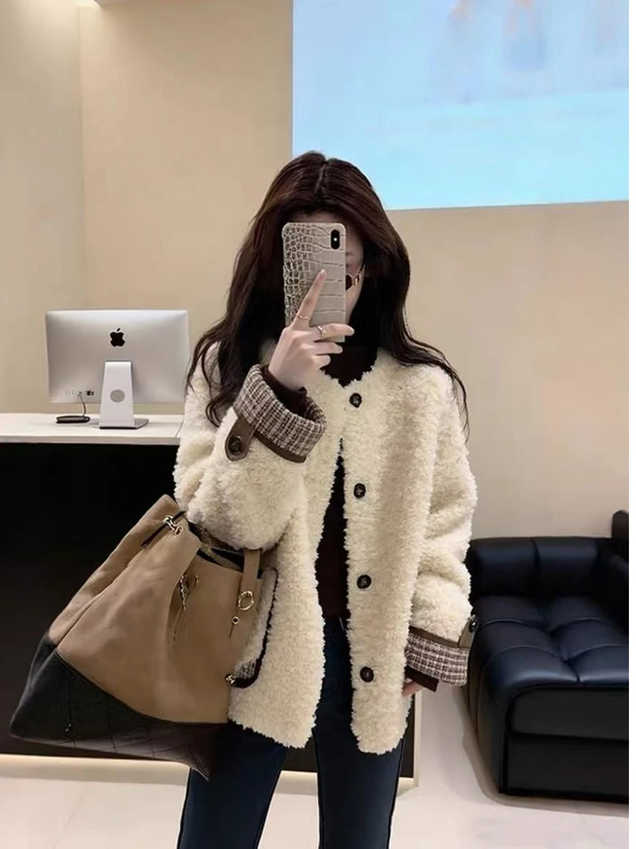 

Lamb Fur Jaet Women's Korean Sle Loose ort Thiened Spring Early 2026 Faion round Ne Long Sve Warm Outerwear