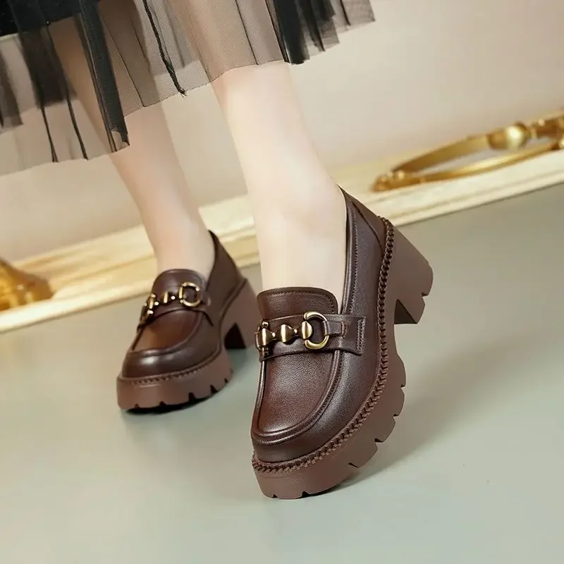 

Women's Platform Loafers British Style Slip on Round Toe Oxfords Metal Chain Buckle Ladies Chunky Heel Jk Uniform Lolita Shoes