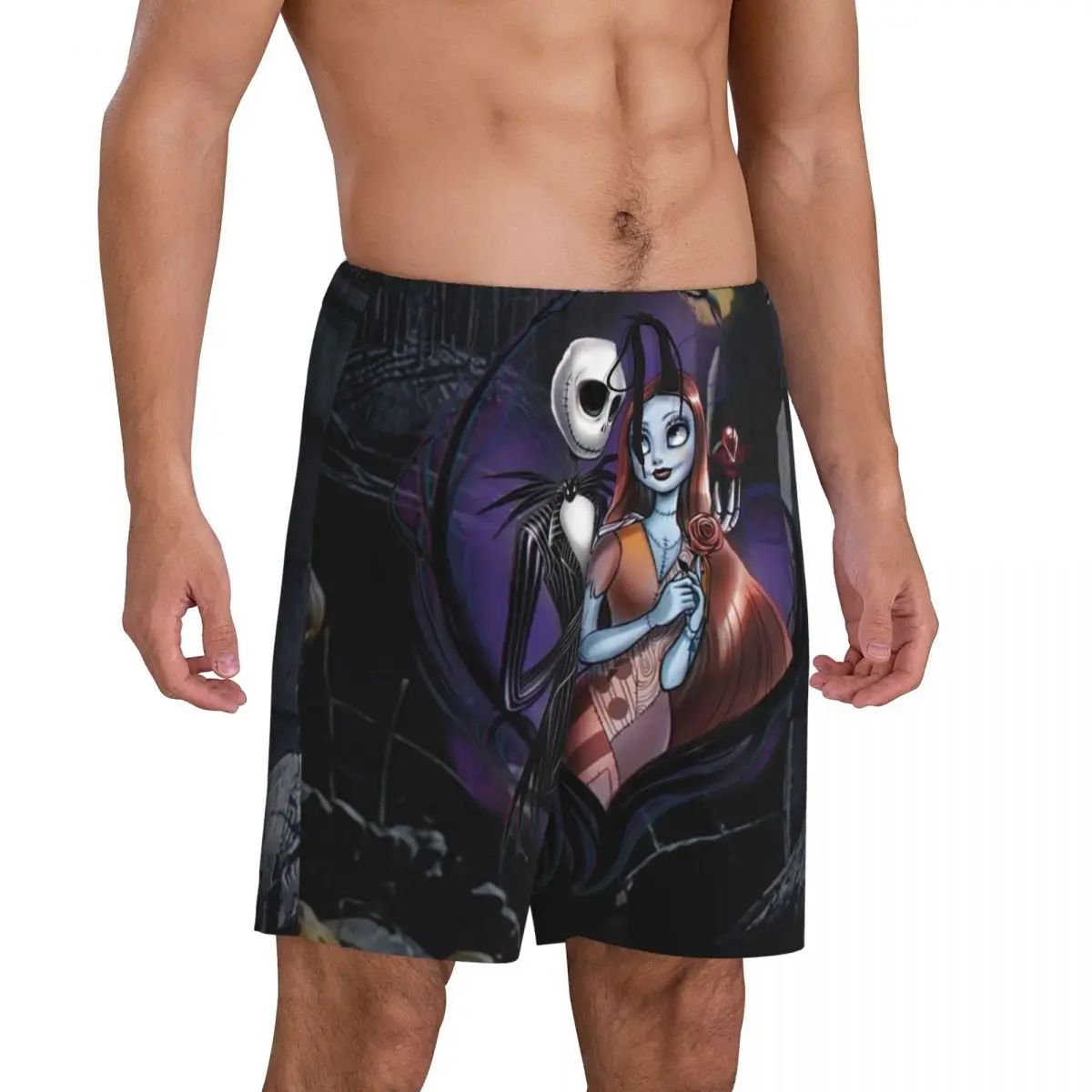 Custom Print Men's Jack Sally Skull Halloween Pajama Shorts Nightmare Before Christmas Sleep Pjs Sleepwear Bottoms with Pockets