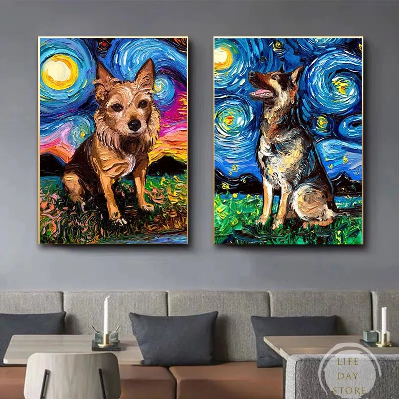 Starry Night Dogs Canvas Oil Painting Van Gogh's Dog Under The Starry Sky German Shepherd Posters Wall Art Pictures Home Decor