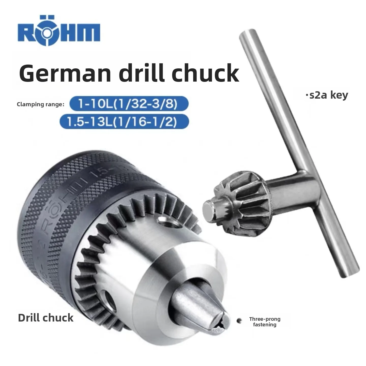 German ROHM Drill Chuck 1/2 - 3/8 Threaded Hole Keyed Drill Adapter Ideal for Professional and DIY Drilling Tasks