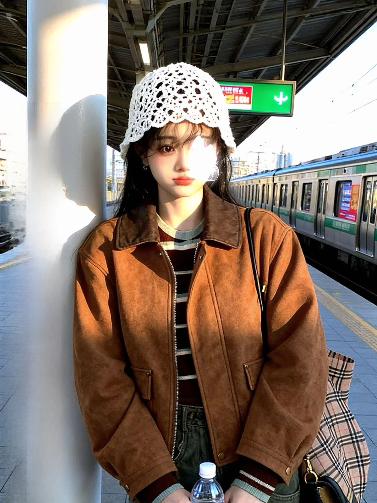 

Женская замшевая куртка Iuui·le Color Blo свободного кроя, универсальная, осенне-зимняя, из полиэфирного волокна, с длинными рукавами, на молнии