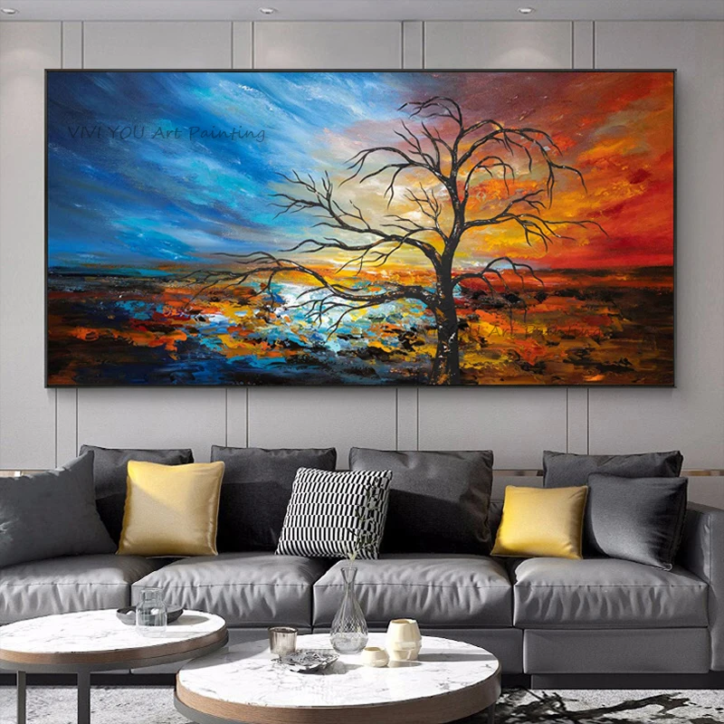 Handpainted Sunset Bare Tree Landscape Textured Impasto Oil Painting on Canvas Wide Horizontal Living Room Wall Art