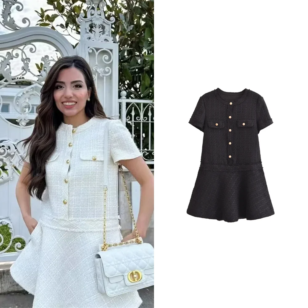 2024 Summer New Women's Fashion Casual Round Neck Short Sleeve Button Decorated Texture Short Dress