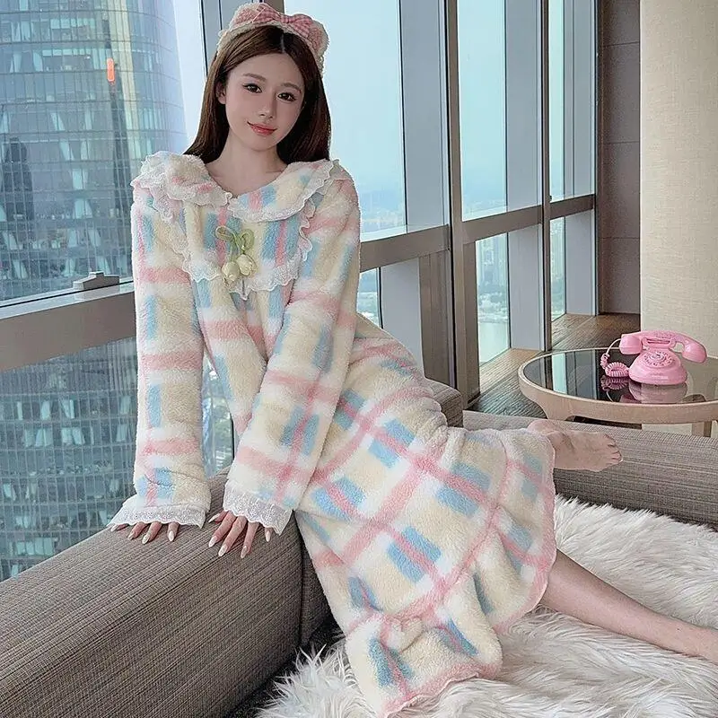 Hot Autumn Winter New Women Fashion Comfort Nightgown Korean Princess Style Thick Warm Plus Size Long Sleeved Nightgown Homewear