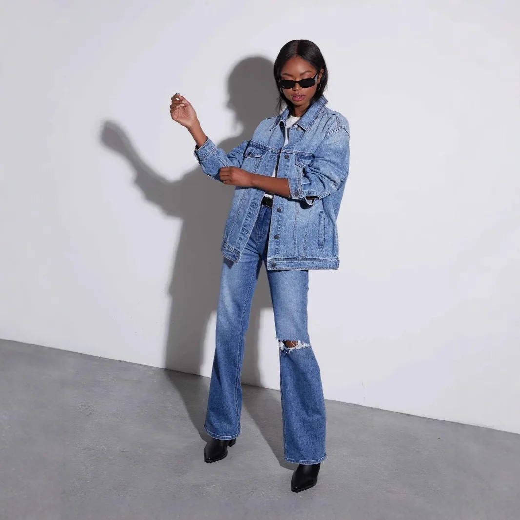 

Waed Denim Jaet Loose Casual Long Sve Women's Outerwear Cotton Summer Faion European Sle ex ort Coat