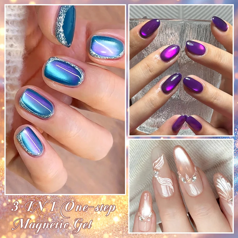 3 في 1 خطوة واحدة القط المغناطيسي هلام طلاء الأظافر Auroras بريق شبه دائم نقع قبالة الأشعة فوق البنفسجية هلام الورنيش لا حاجة قاعدة هلام معطف فوقي