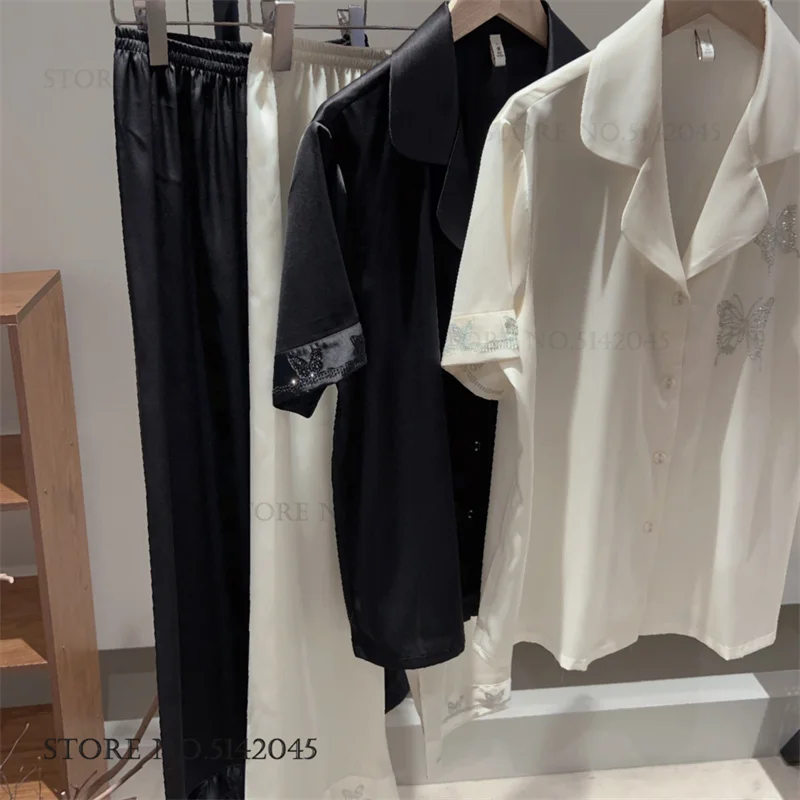 

Новый летний комплект женской пижамы с бабочками из страз, с коротким рукавом и брюками, сексуальное домашнее белье из вискозы, свободный крой