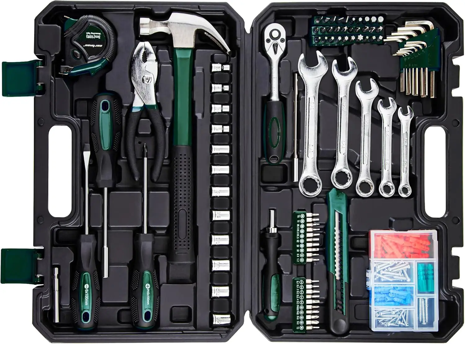 

180-Piece Socket Wrench Auto Repair Tool Combination Package Mixed Tool Set Hand Tool Kit with Plastic Toolbox Storage Case Gree