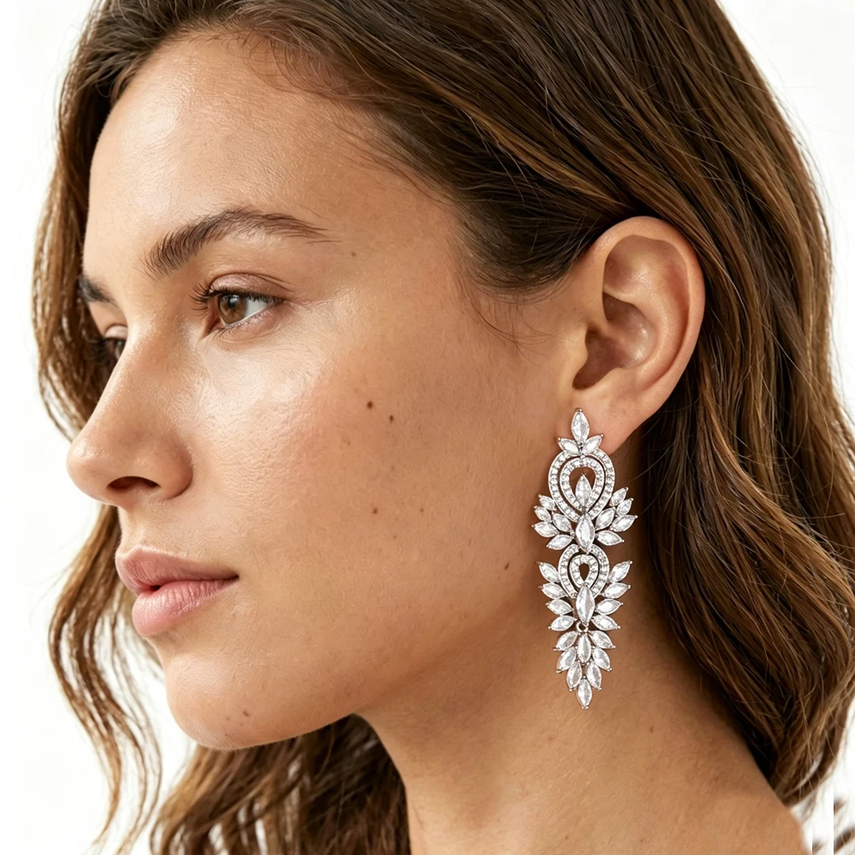 ZAKOL Luxuriöse Blattförmige Marquise Zirkon Lange Tropfen-Ohrringe Glänzende Zirkonia Brautschmuck Damen Hochzeit Party Schmuck Accessoires – Detail 1