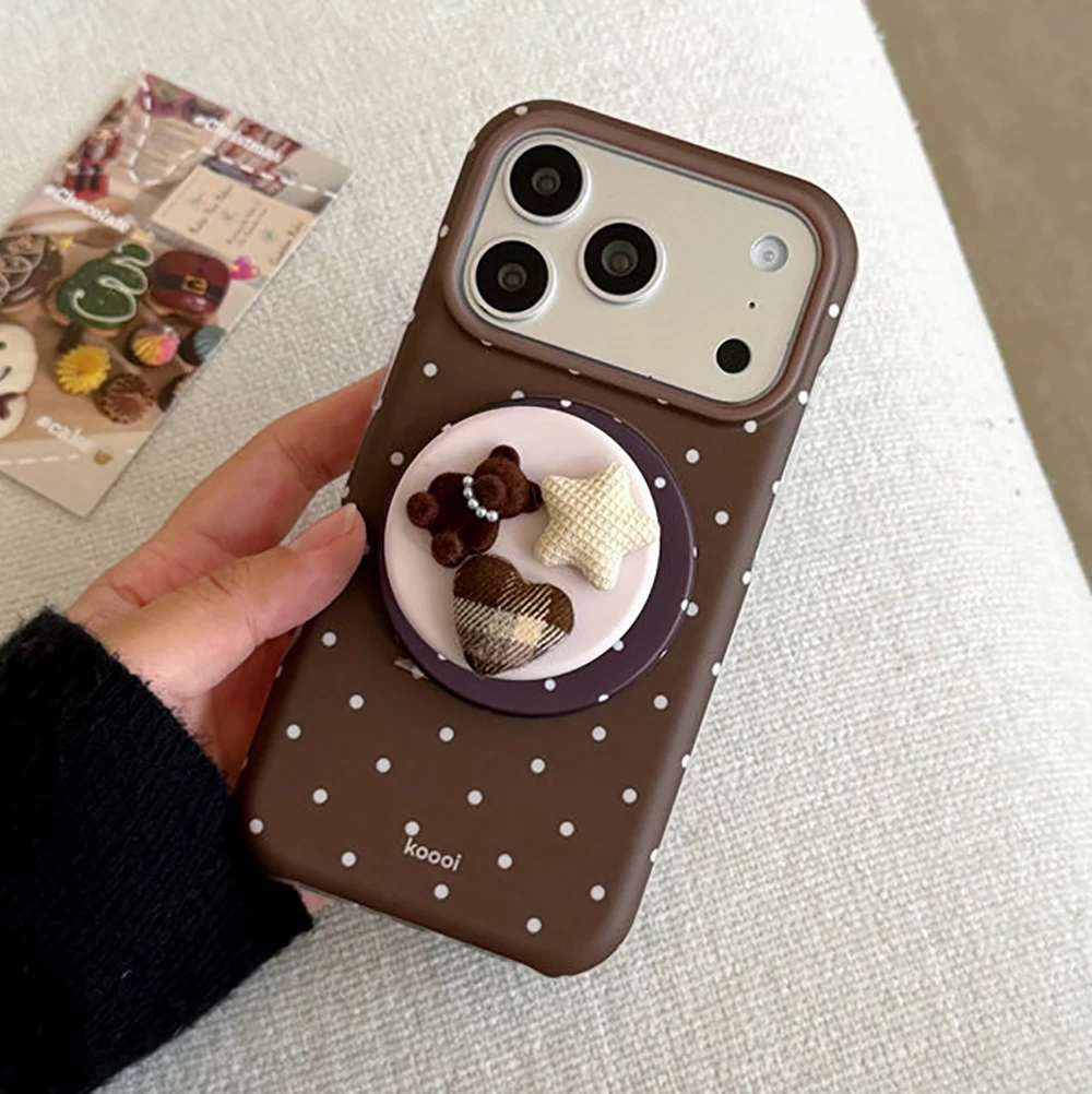 Luxuriöse braune weiße Polka Dot-Muster-Magnet-Handyhülle für iPhone 13, 14, 15, 16, 17 Pro Max, stoßfeste, niedliche Abdeckung für Magsafe-Hülle – Detail 3