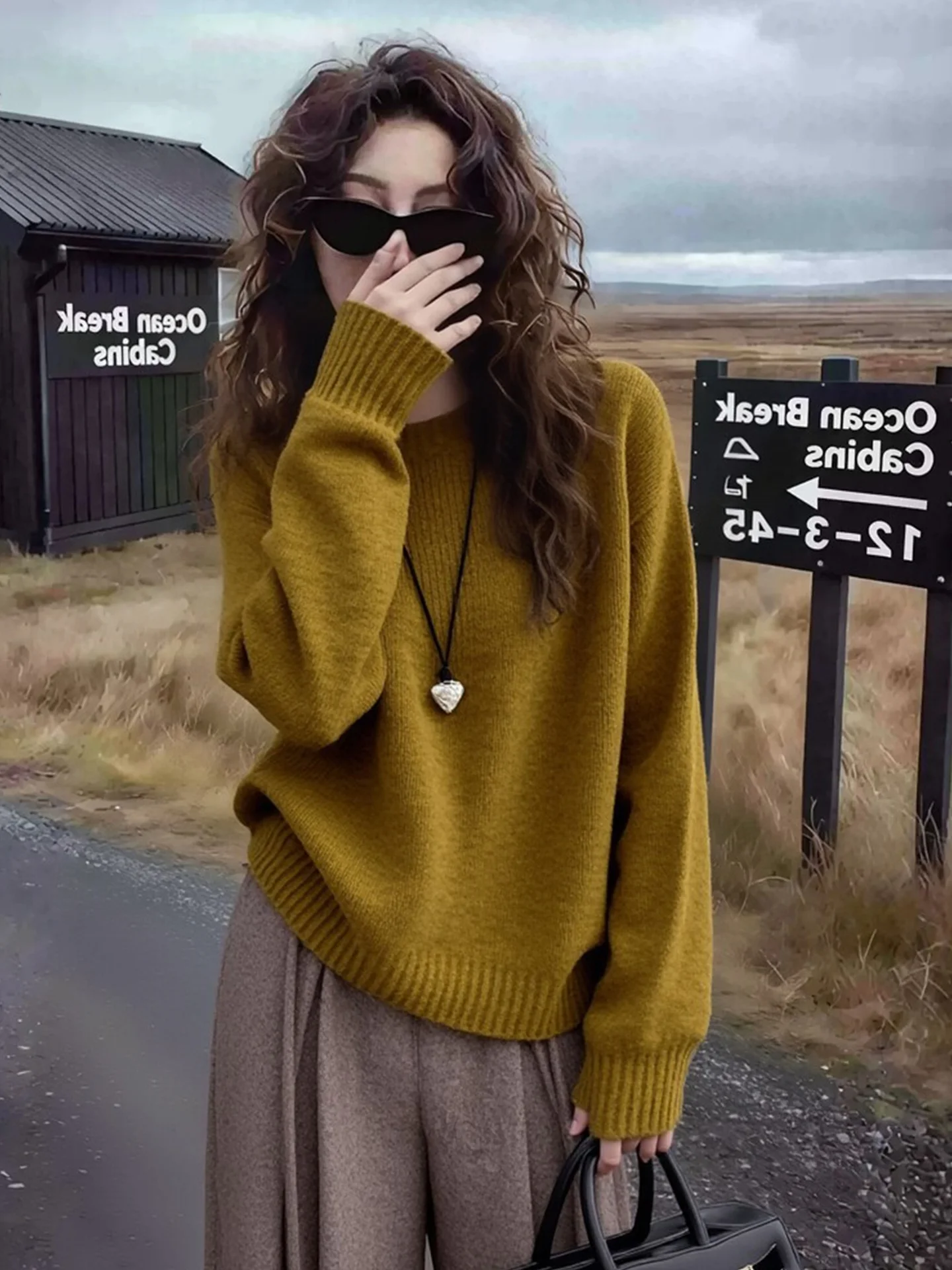 レトロ韓国風ニットセーター カラーシンプル ゆったり カジュアル 着痩せ ロングスリーブ レディース 冬ファション アウター