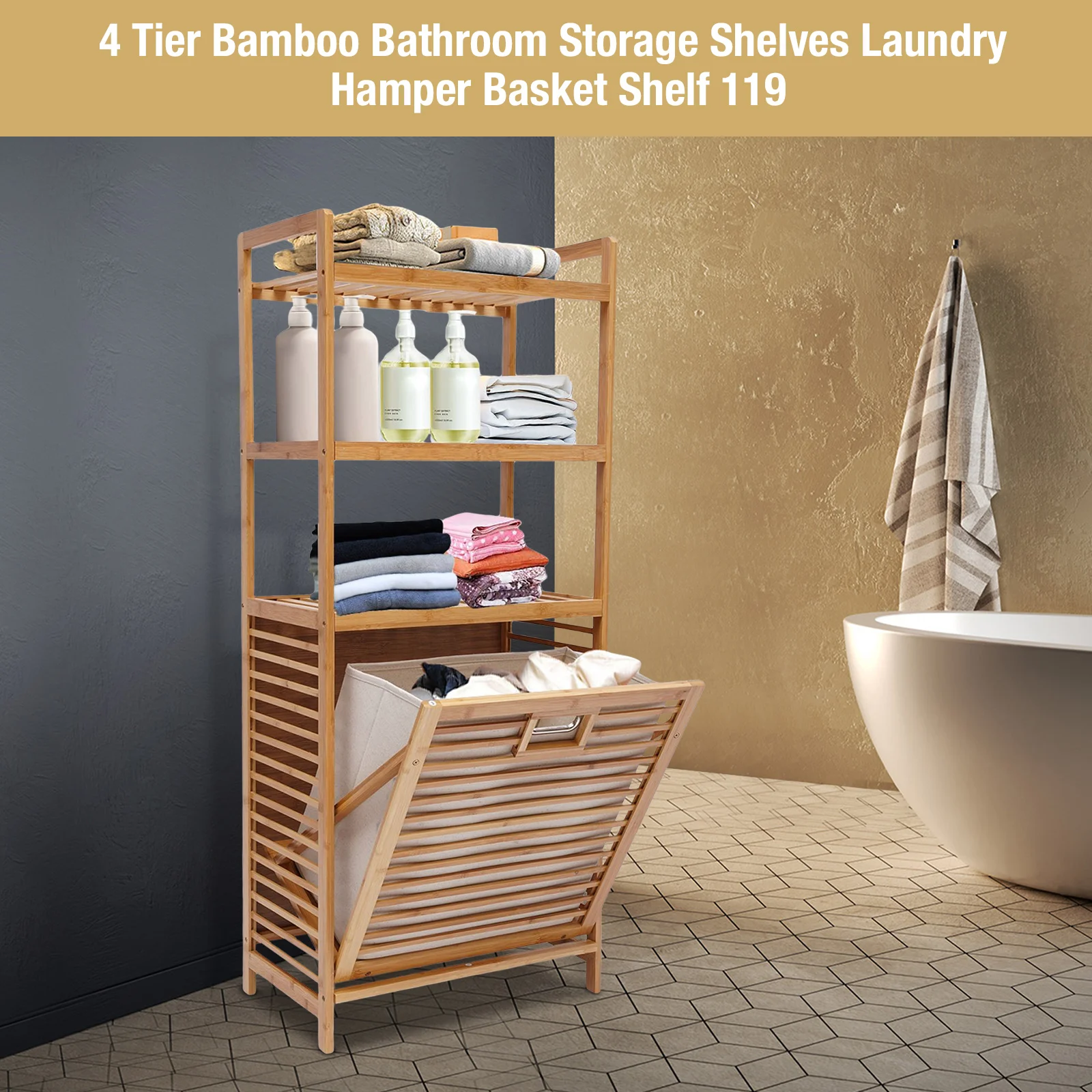 

4-Tier Bamboo Storage Basket with Shelf, Freestanding Laundry Storage Rack for Bathroom, Living Room, Laundry Room, Balcony