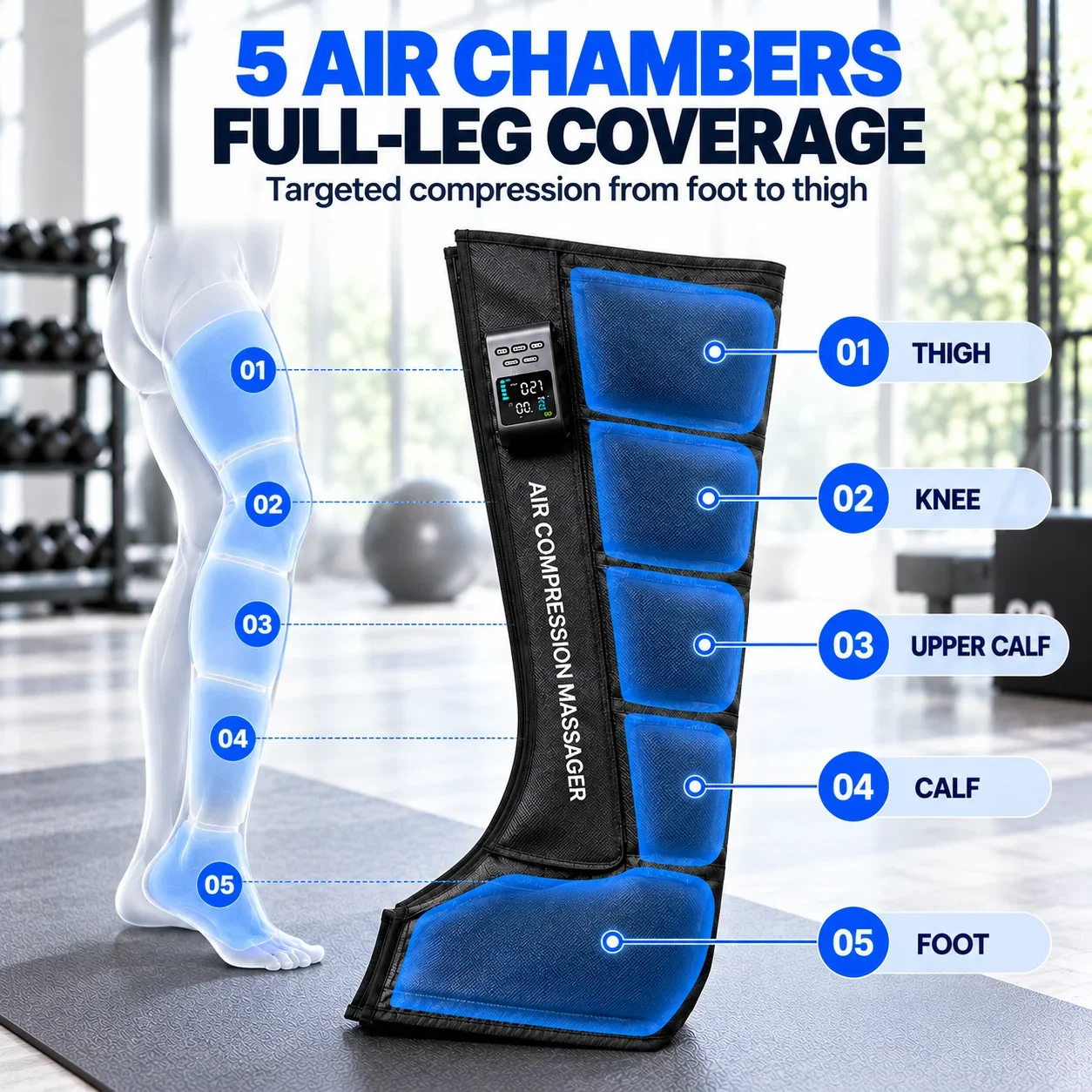 Leg Air Compression Massager Boots, Air Compression Massager, Cordless Rechargeable 5-Chamber with Digital Controller