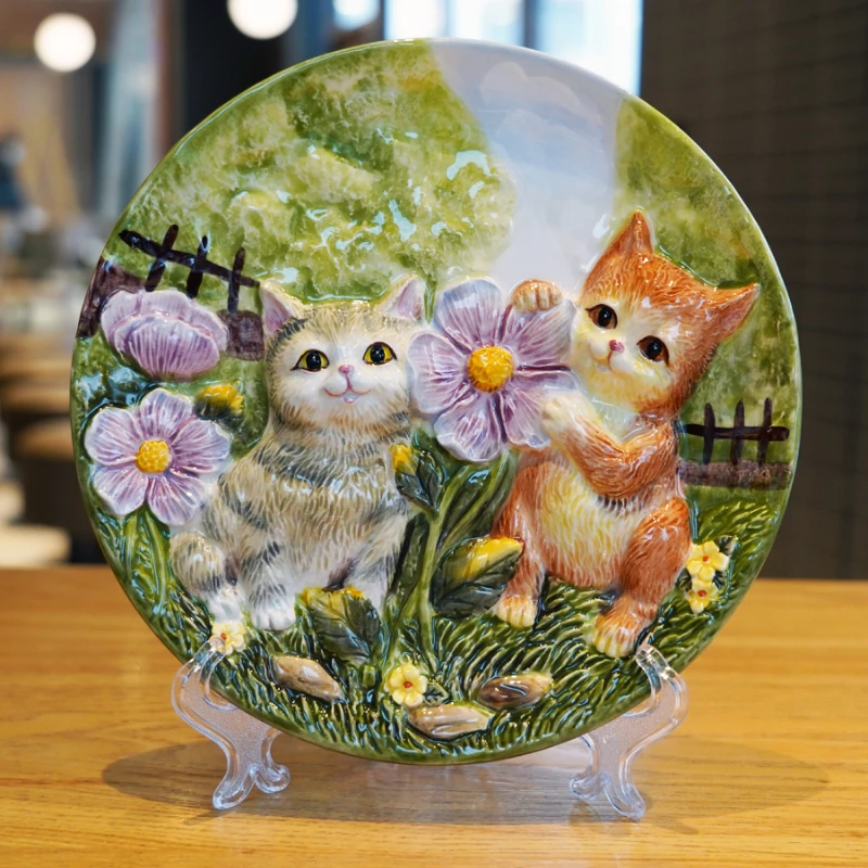 Pastoral Cute Cat Ceramic Three-dimensional Decoration Swing Plate Wall Decoration Ceramic Plate TV Cabinet Decoration Dishes