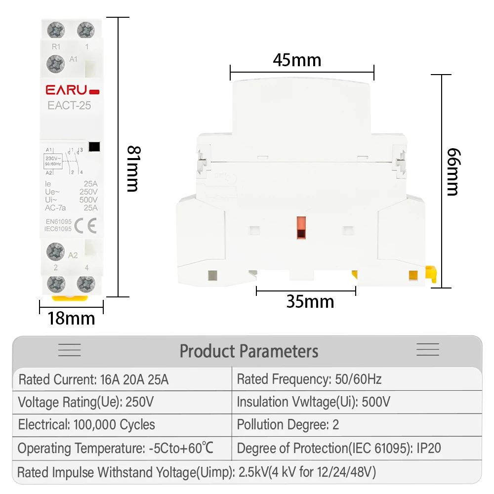 EARU DC 12V/24V AC 110V/230V 2P 16A 20A 25A 2NO 2NC 1NO1NC Din Rail Mounted Household Modular Contactor for DIY Smart Home Hous