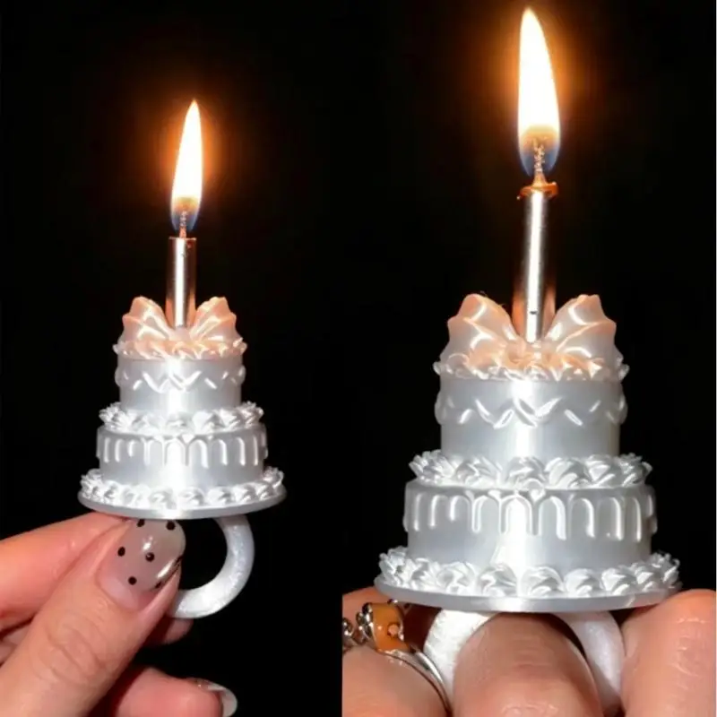 Birthday Cake Opening Ring With Candle Photo Props 3D Cake Shape Ring 17mm Cute Party Decor Finger Ring For Birthday Celebration