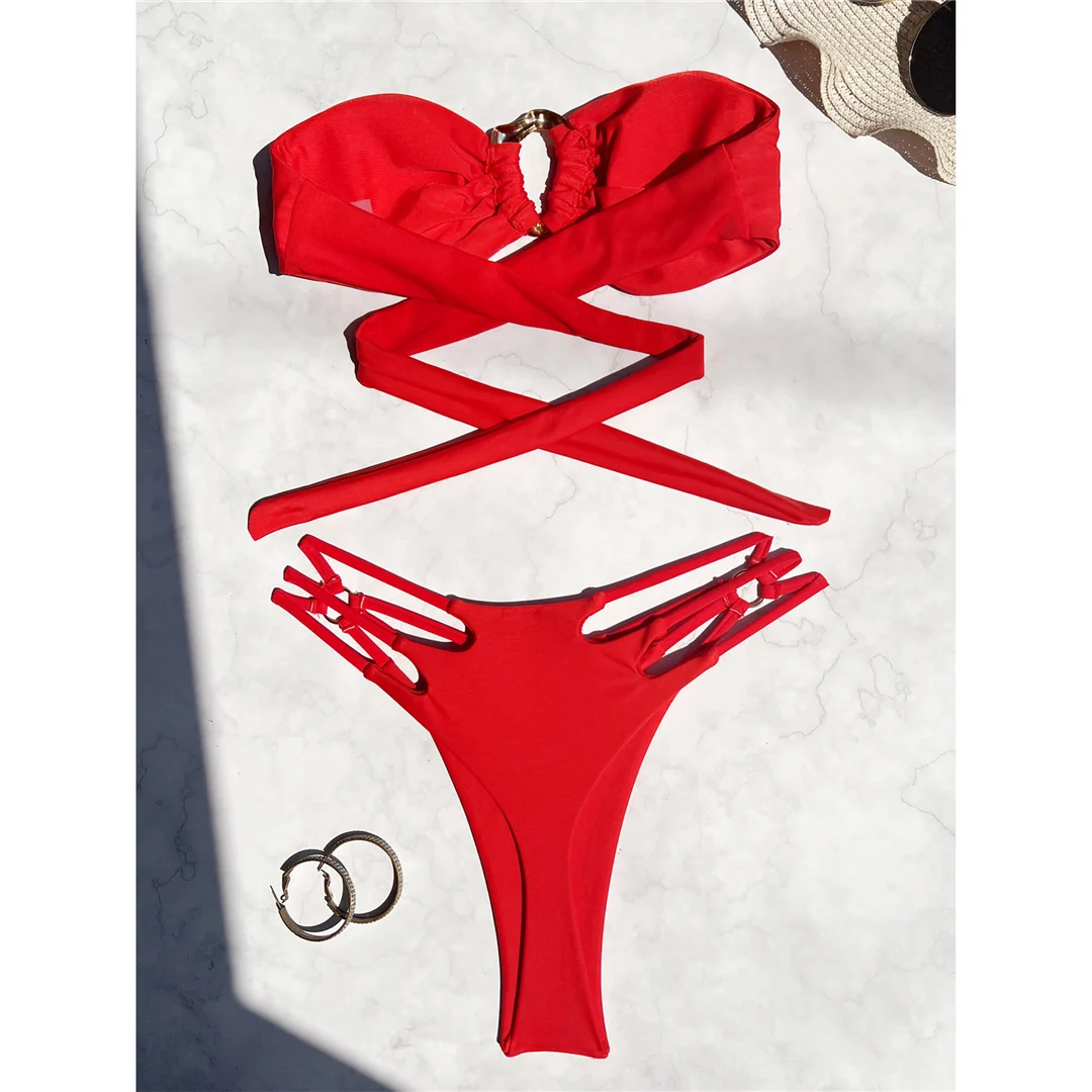 Bandeau-Bikini mit Metallringen, Damen-Badebekleidung, zweiteiliger Bikini-Set, geraffter, hoch geschnittener Badeanzug, Badeanzug, Modell V5952. – Detail 11