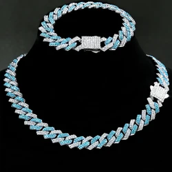 Hiphop 14MM Blue Rhombus Cuban Link Chain Necklace For Men Women Bling Spring Clasp Cuban Chain Necklace Bracelet Set Jewelry